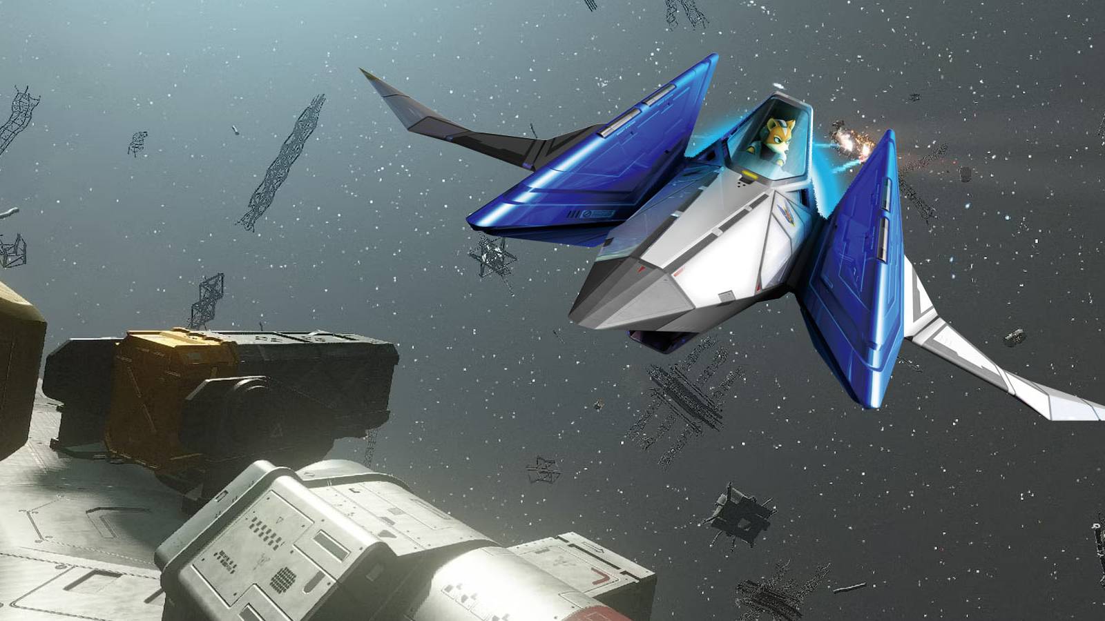 A screenshot of a ship out in space in Starfield, with the Arwing from Star Fox inserted into it.