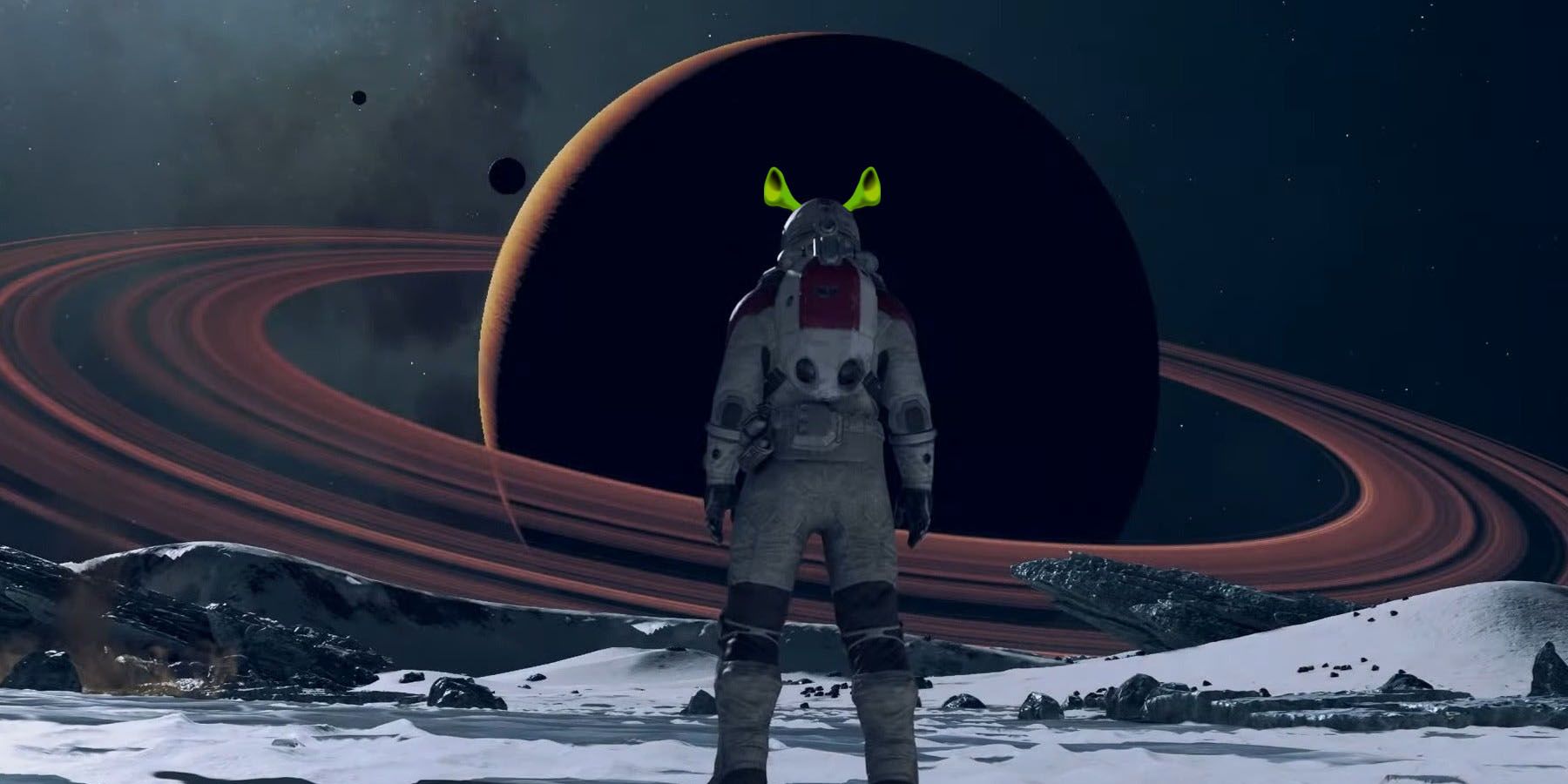 A screenshot from Starfield of a player standing in front of a planet with Shrek ears on thier head.