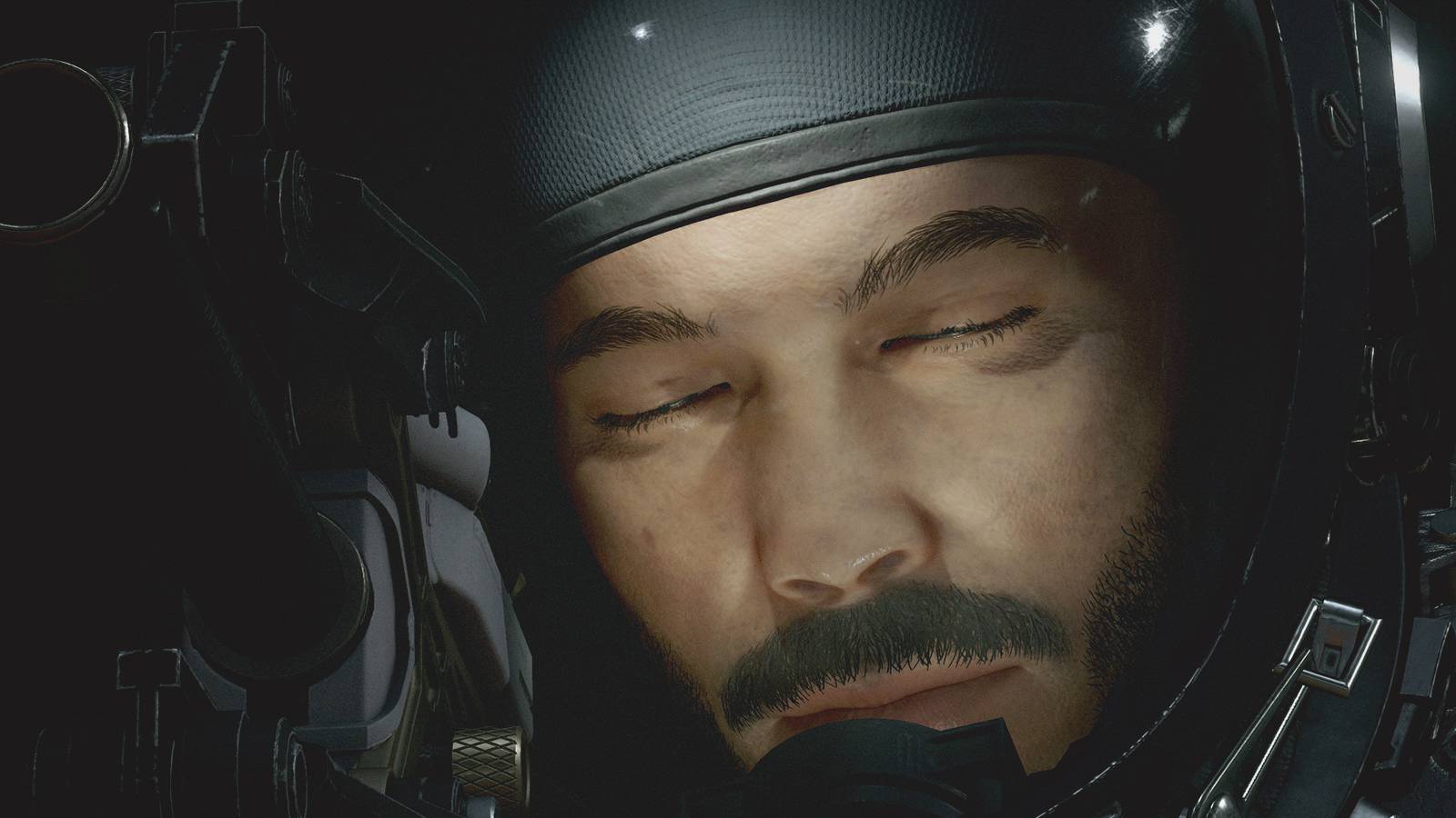 Starfield protagonist looking slightly annoyed with eyes closed close-up