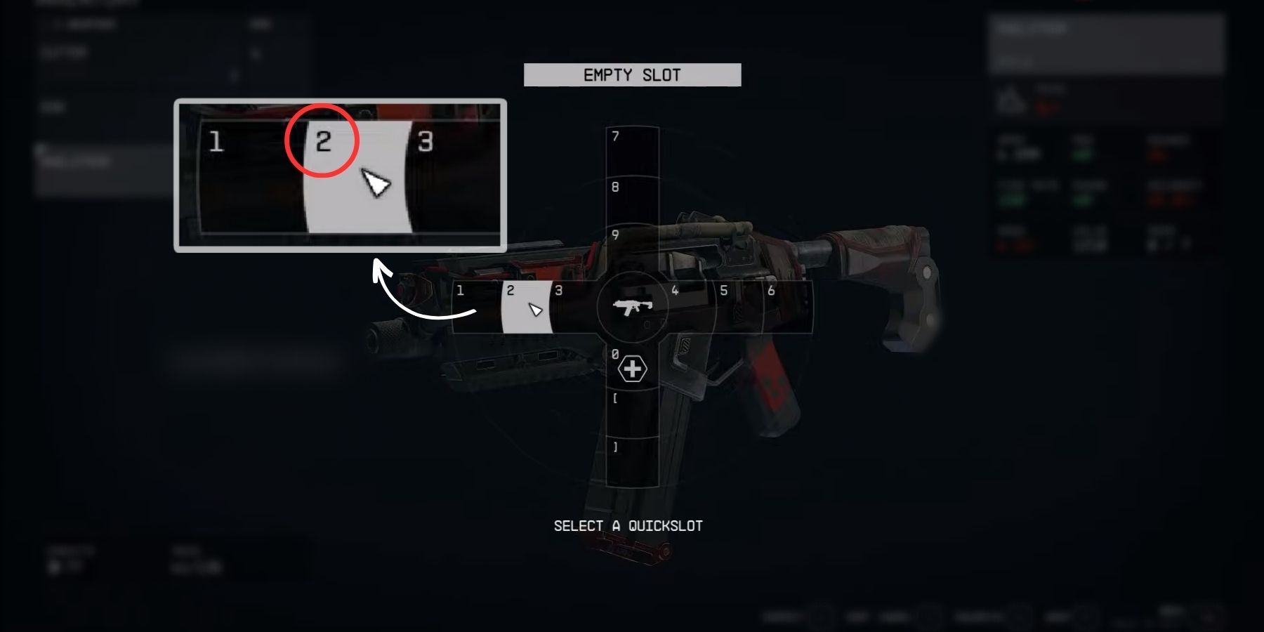 image showing how to assign a gun to a quickslot in starfield. 