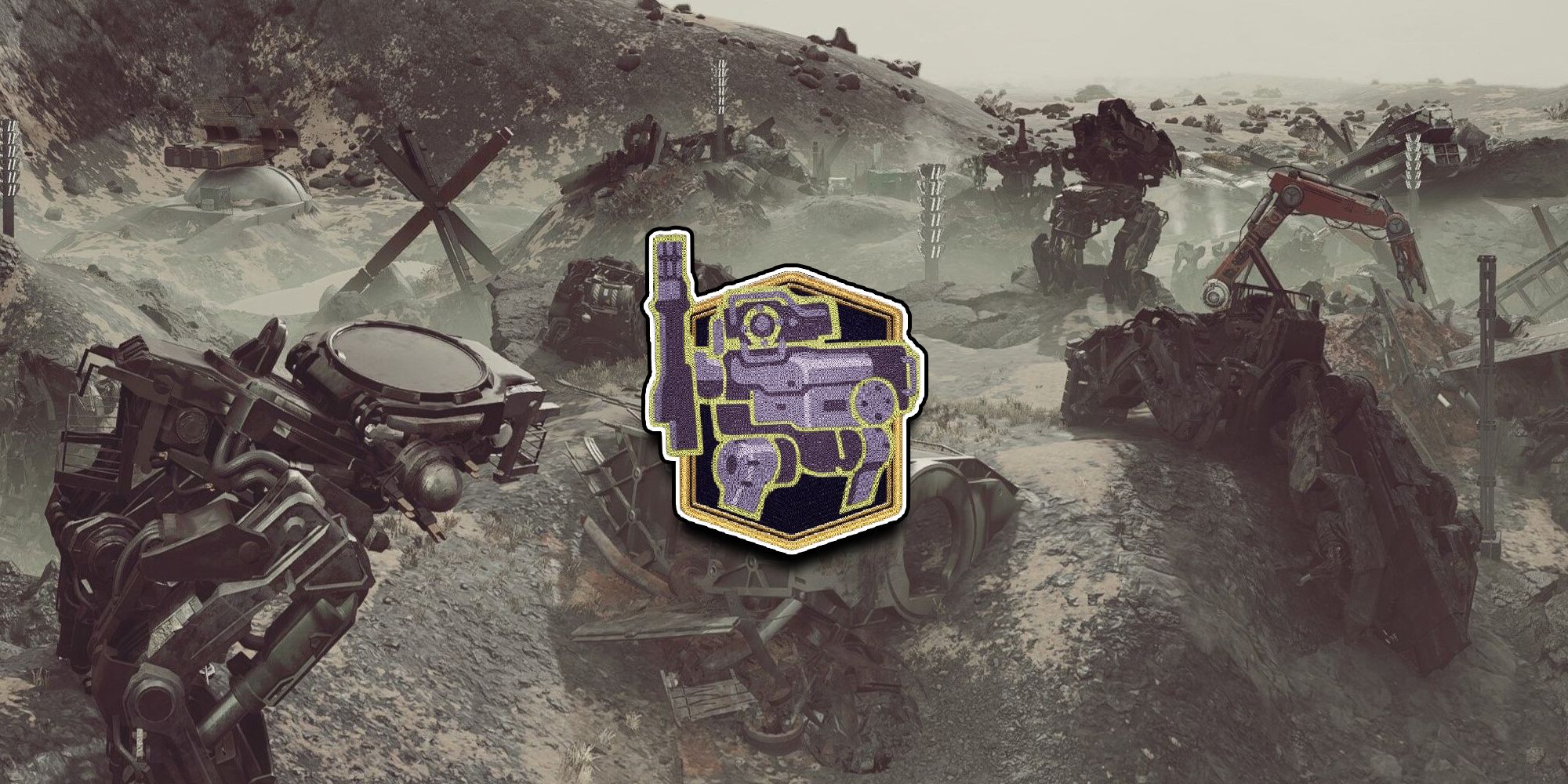 Starfield - Robotics Rank 4 Patch PNG Over Image Of Mech Battlefield