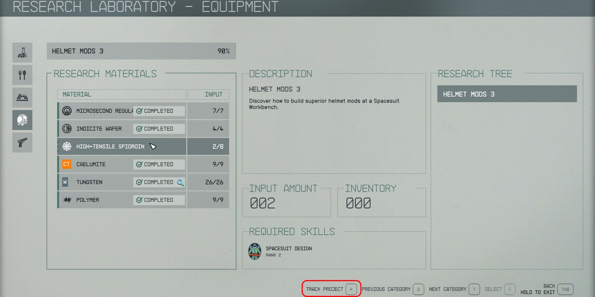 Starfield - Track Project Input In Research Lab Menu