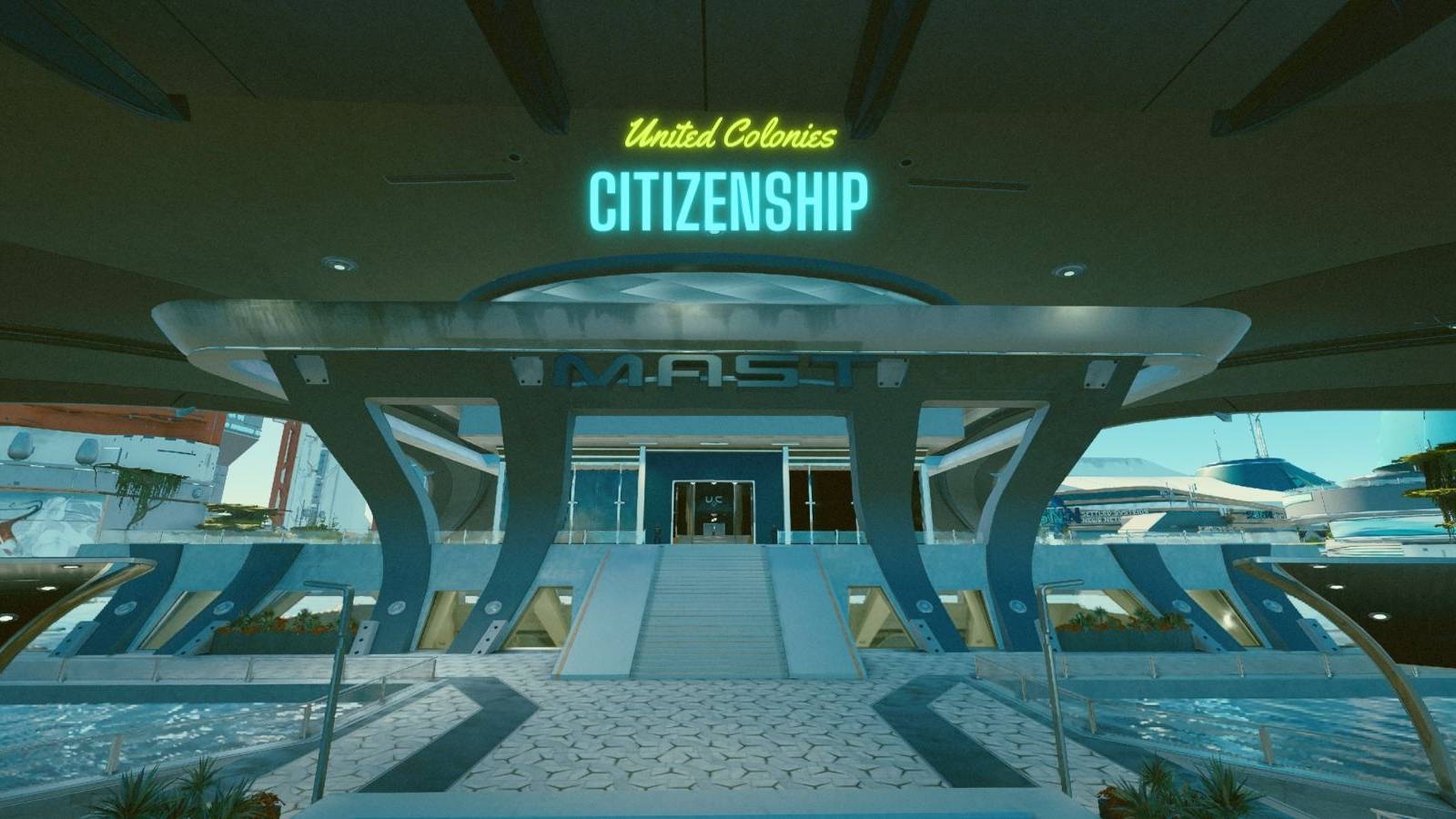 image showing the mast district in starfield where players can get uc citizenship.