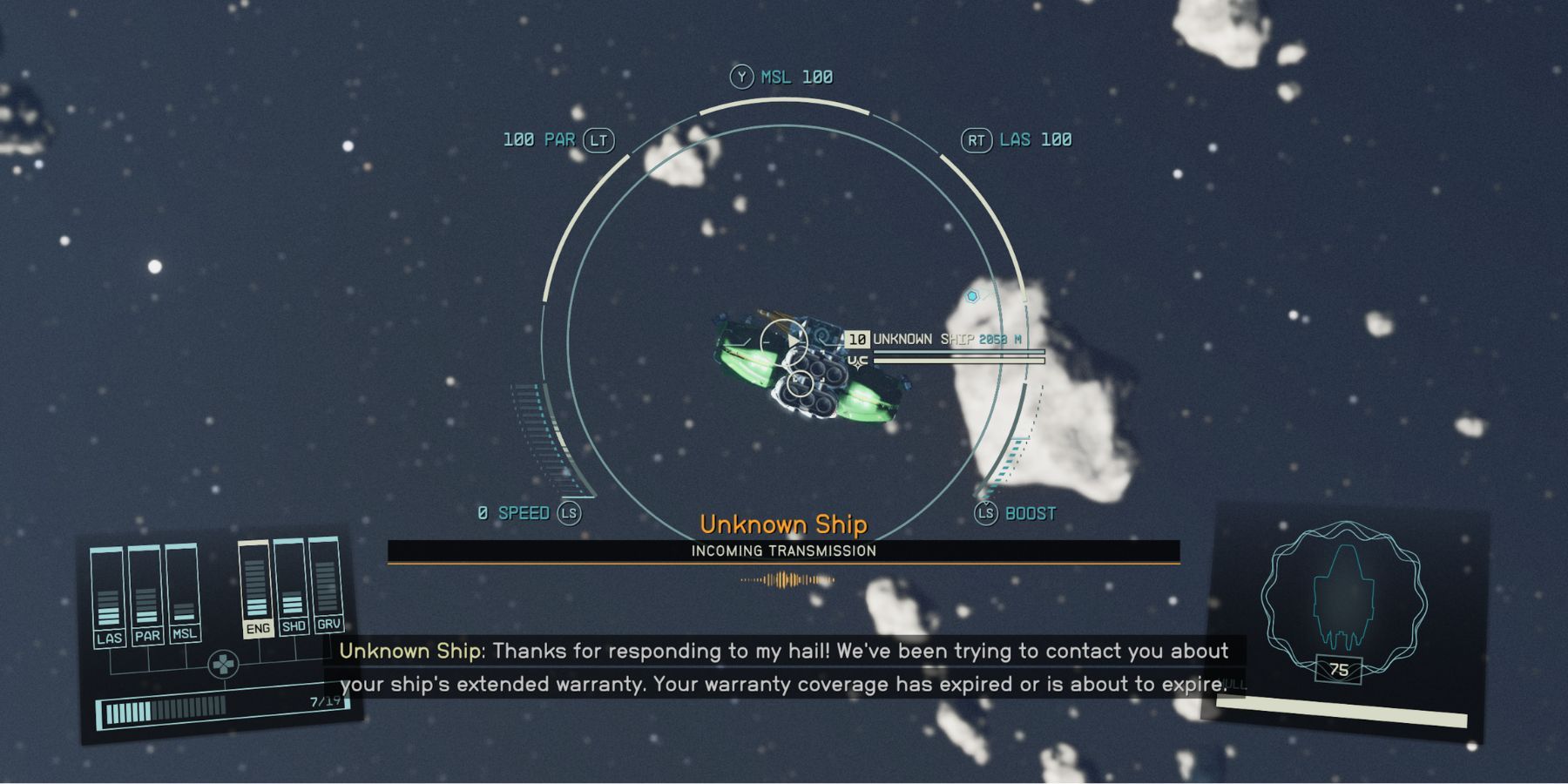 image showing the unknown uc ship that sells extended warranty in starfield. 