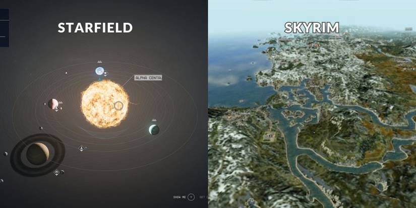 image showing starfield's star map next to skyrim's world map. 