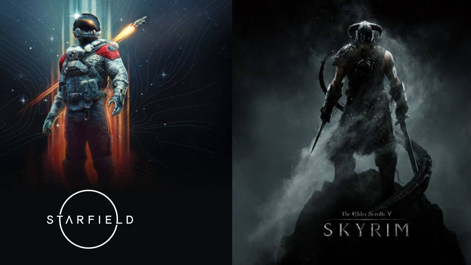image showing starfield's cover art next to skyrim's art. 