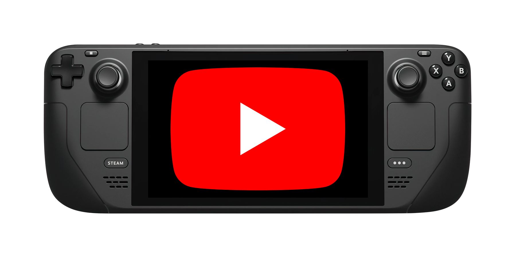 Steam Deck displaying YouTube logo emblem on white background