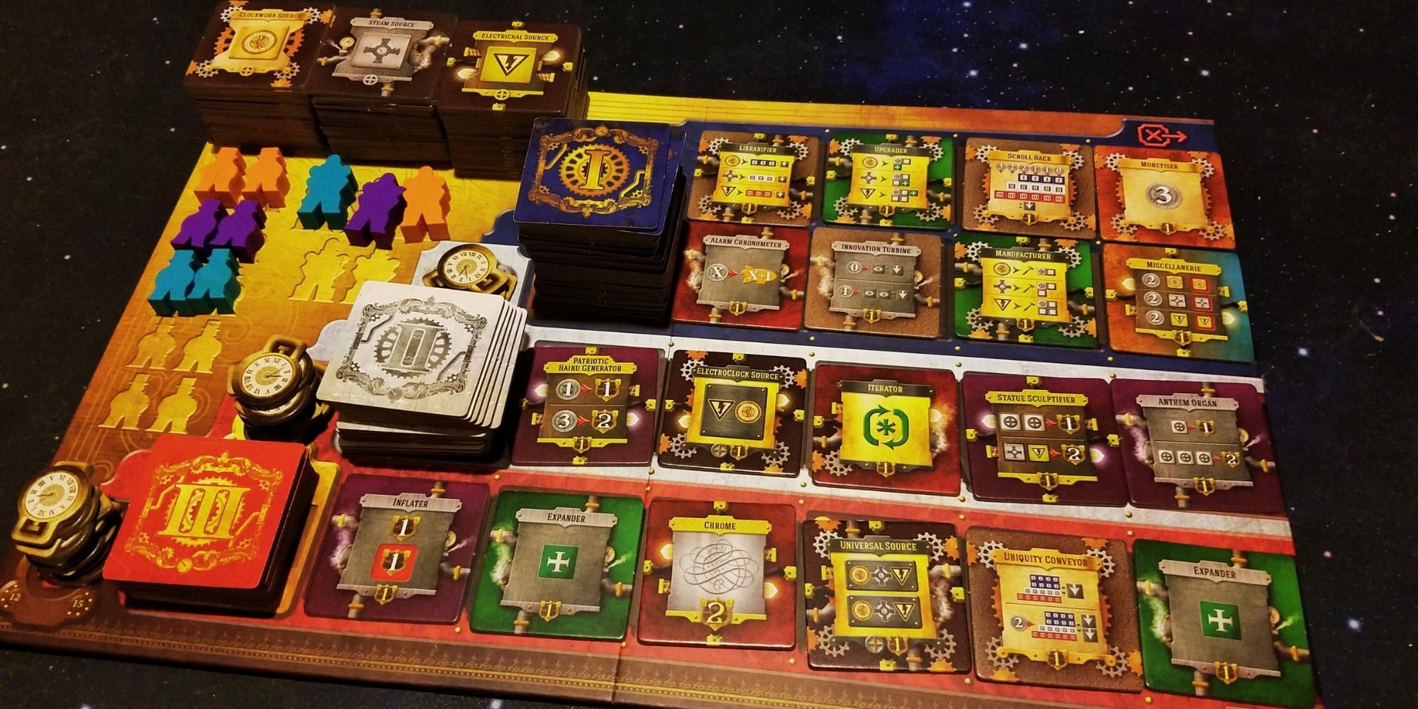 Steam Works board game setup featuring Victorian-era components and action spaces.