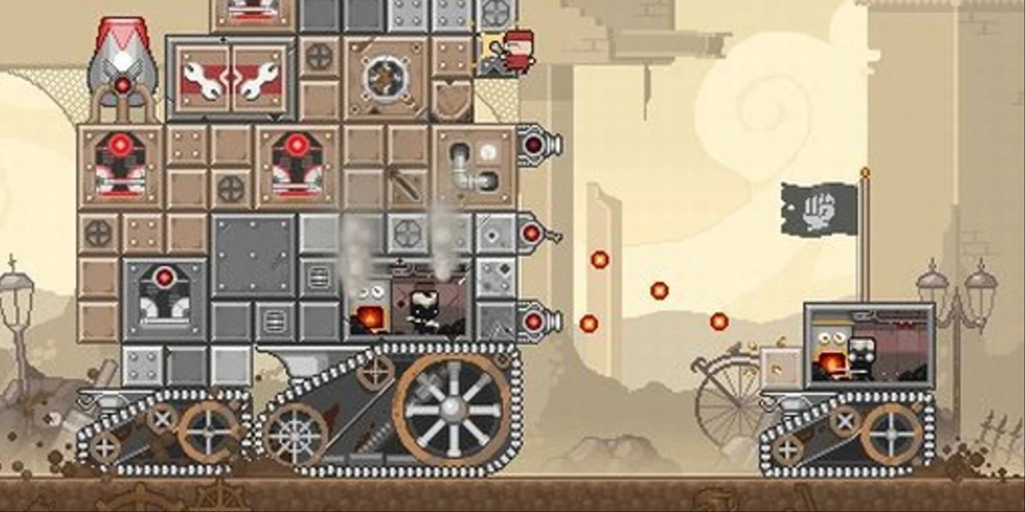 steamlands video game screenshot of player and AI steampunk machines