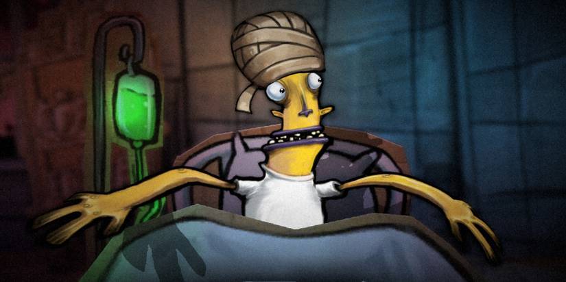 Ray in a hospital bed looking around nervously with his head wrapped in Stick It to The Man