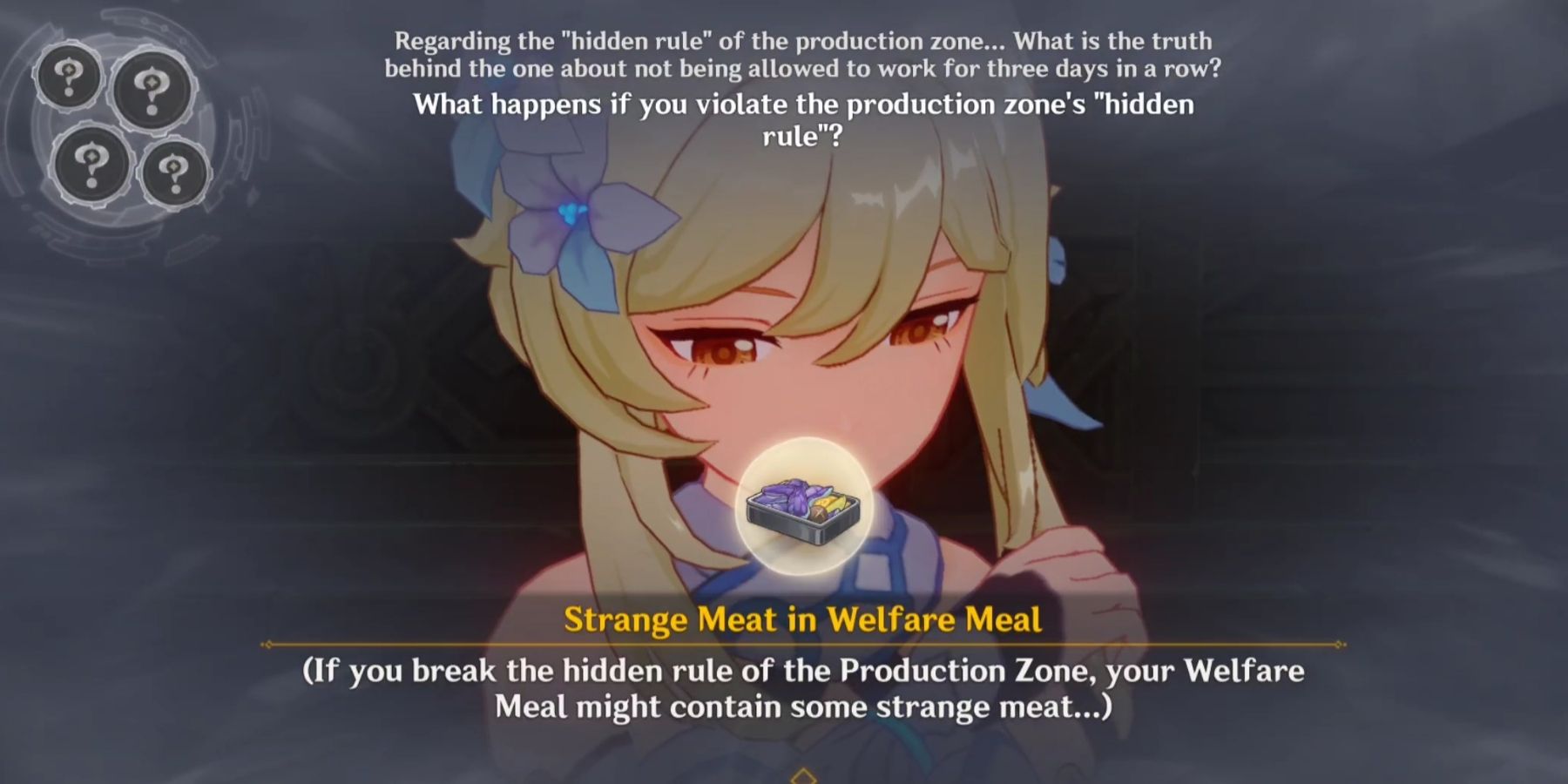 strange meat in welfare meal production Zone hidden rule