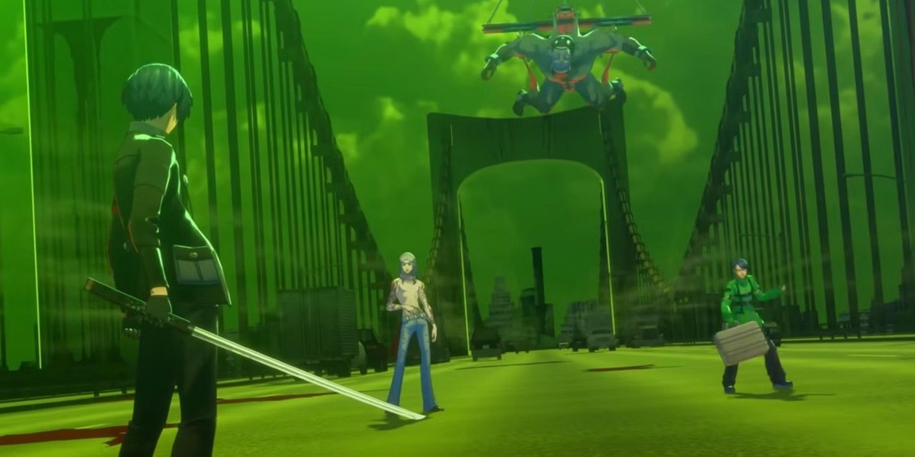 Persona 3 Reload protagonist Makoto Yuki confronting the Hanged Man Arcana Shadow and Strega members Takaya and Jun on the Moonlight Bridge