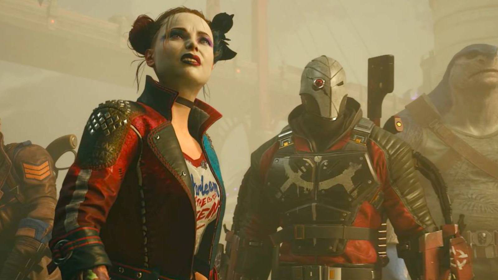 Captain Boomerang, Harley Quinn, Deadshot, and King Shark from Suicide Squad: Kill the Justice League