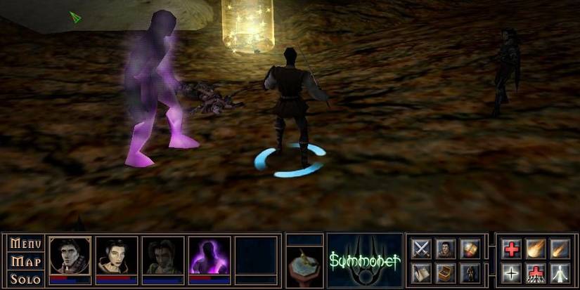 Joseph and a few party members in a cave exploring a glowing light in Summoner