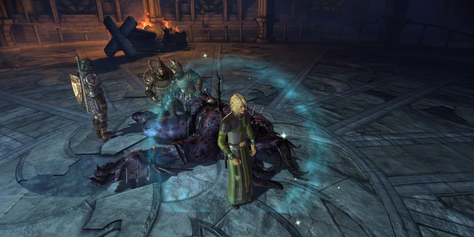 Surana Warden, Alistair, and two guards in the Tower of Ishal in Dragon Age: Origins