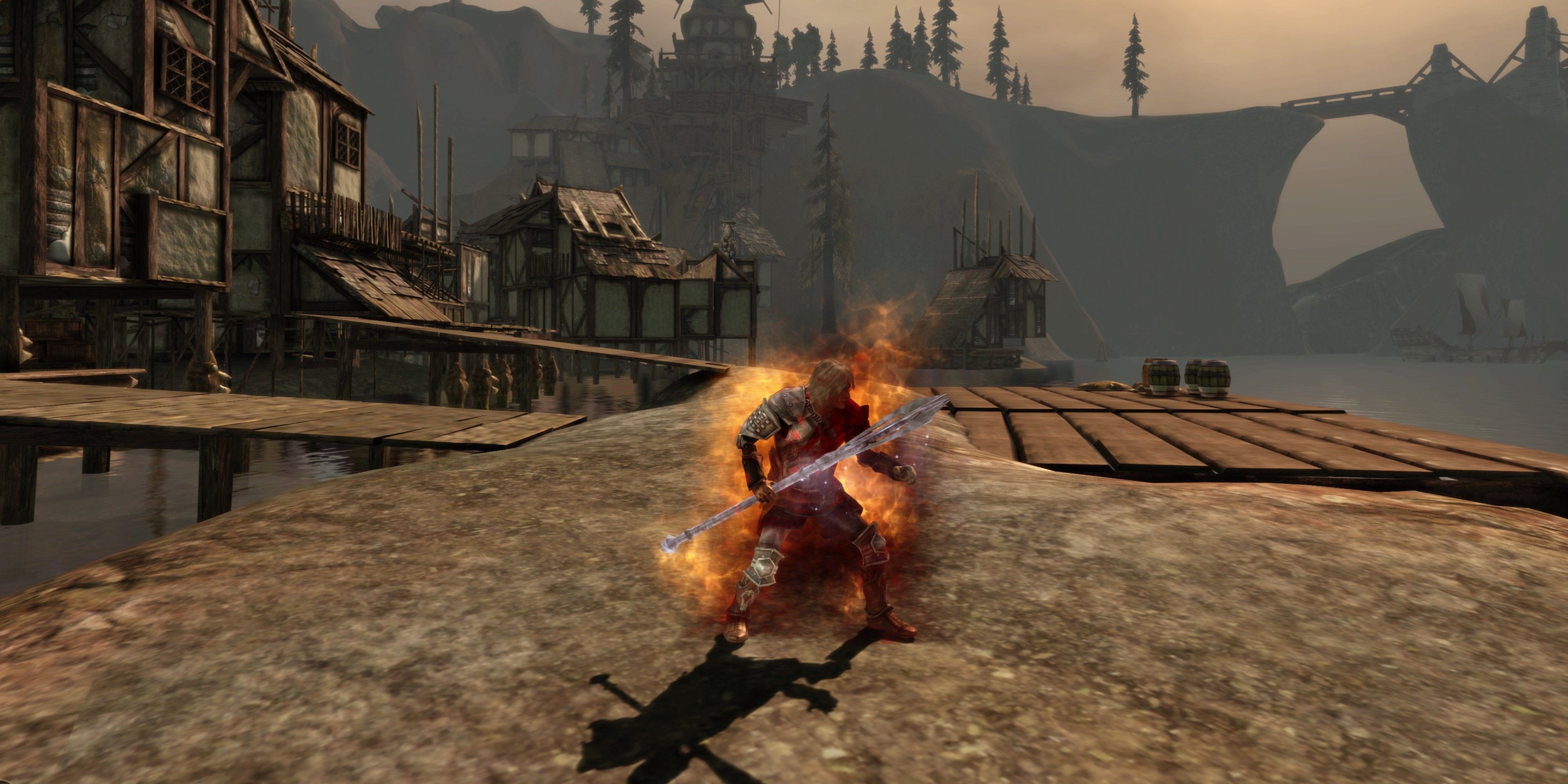 Surana Warden performs blood magic on the Redcliffe docks in Dragon Age: Origins