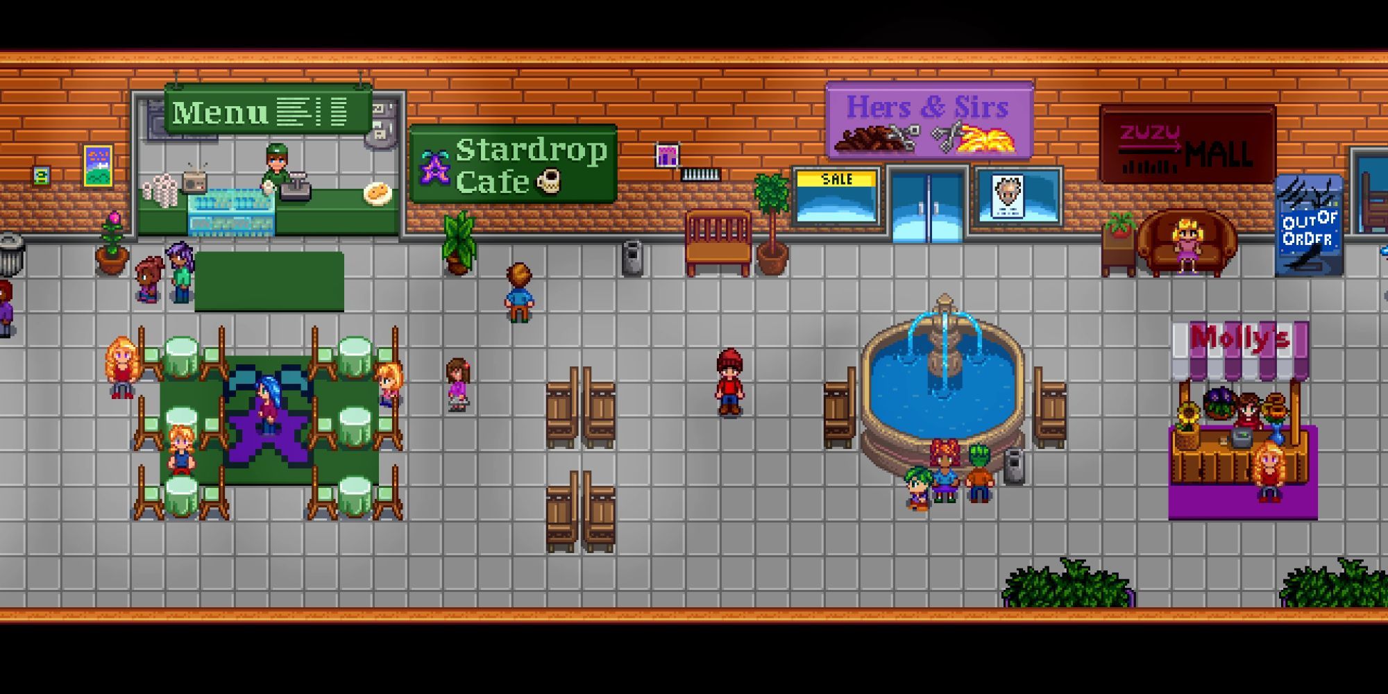 Stardew Valley mod Downtown Zuzu's mall area, including the stardrop cafe and hers & sirs hair salon.