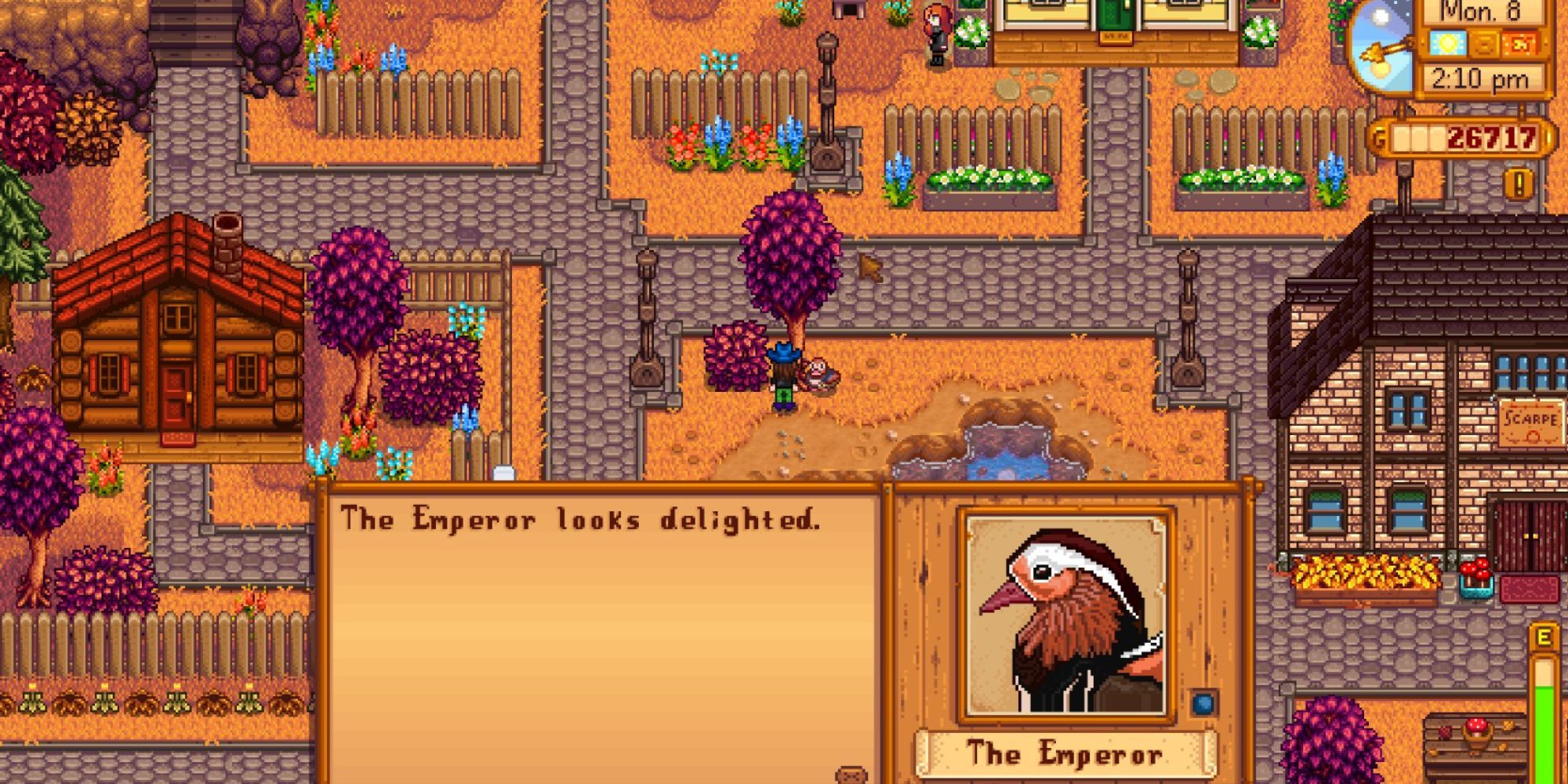 Stardew Valley's East Scarp mod, showing a duck named The Emperor after a farmer feed them something they love