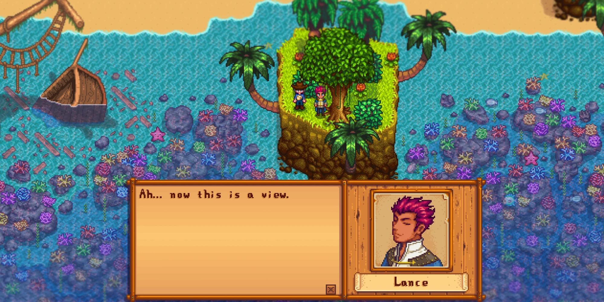 Stardew Valley Expanded's Lance speaking the the villager on an island, he is saying 'ah...now this is a view'