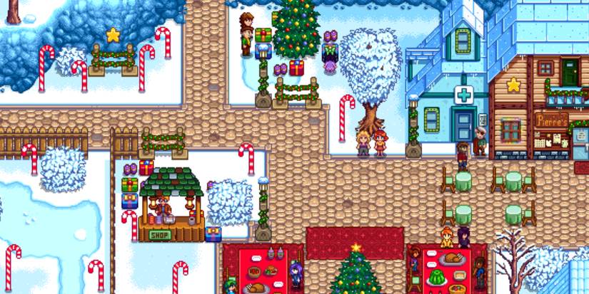Stardew Valley's Feast Of The Winter Star, a christmasy Pelican Town