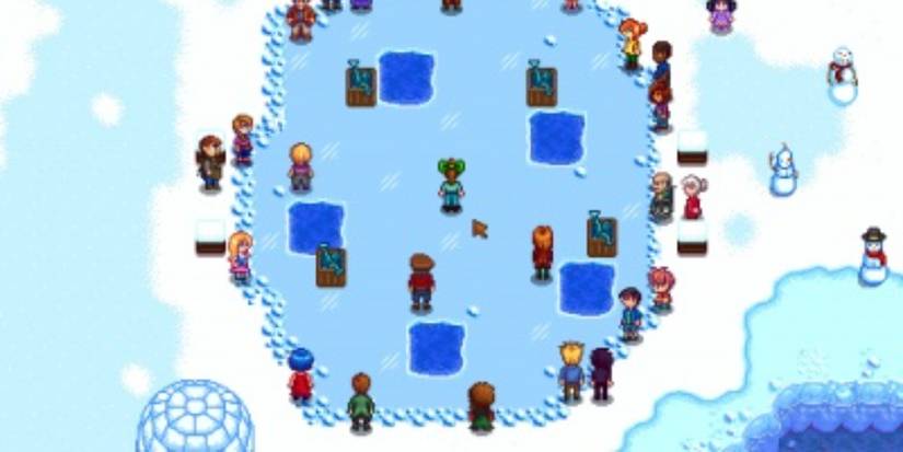 Stardew Valley Festival of Ice, villagers all stood around ice fishing pong