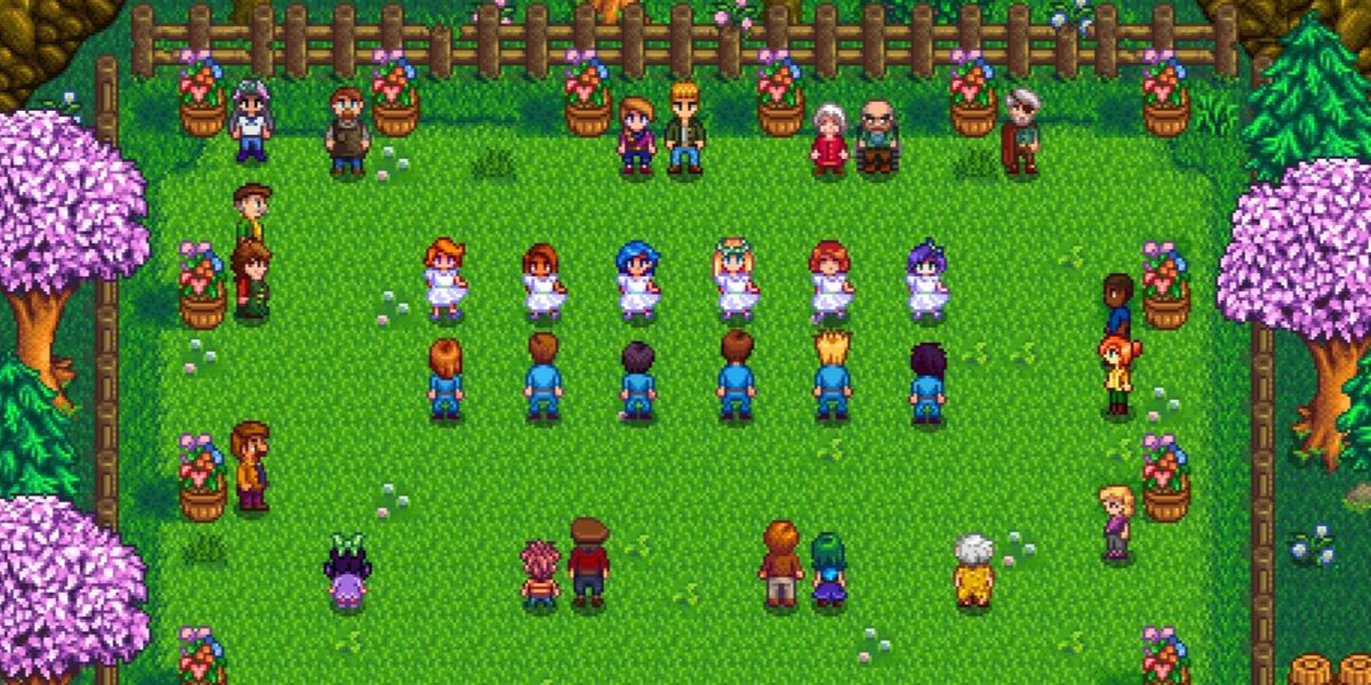 Stardew Valley Flower Dance Festival, women in white dresses and men in suits preparing to do a dance