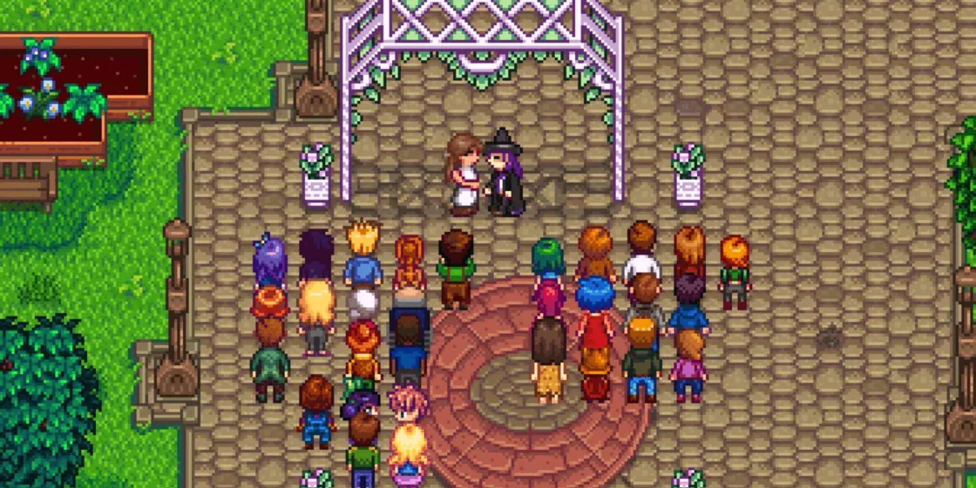 Still from Stardew Valley mod Looking For Love, where a playable character can be seen marrying Rasmodius.