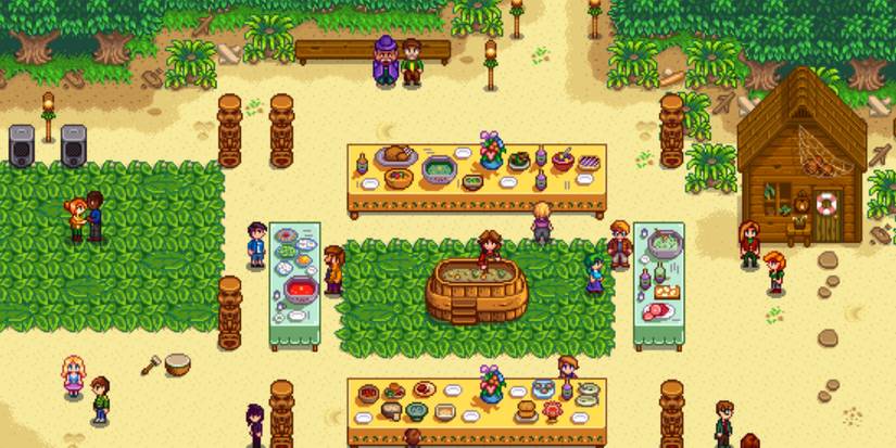 Stardew Valley Luau, a sunny festival on a beach with tables and food