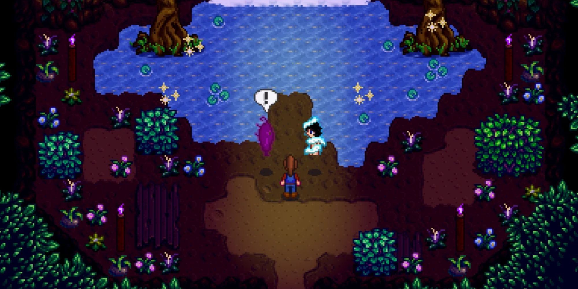 Stardew Valley mod Lunna, with the farmer peering out onto a magical lake