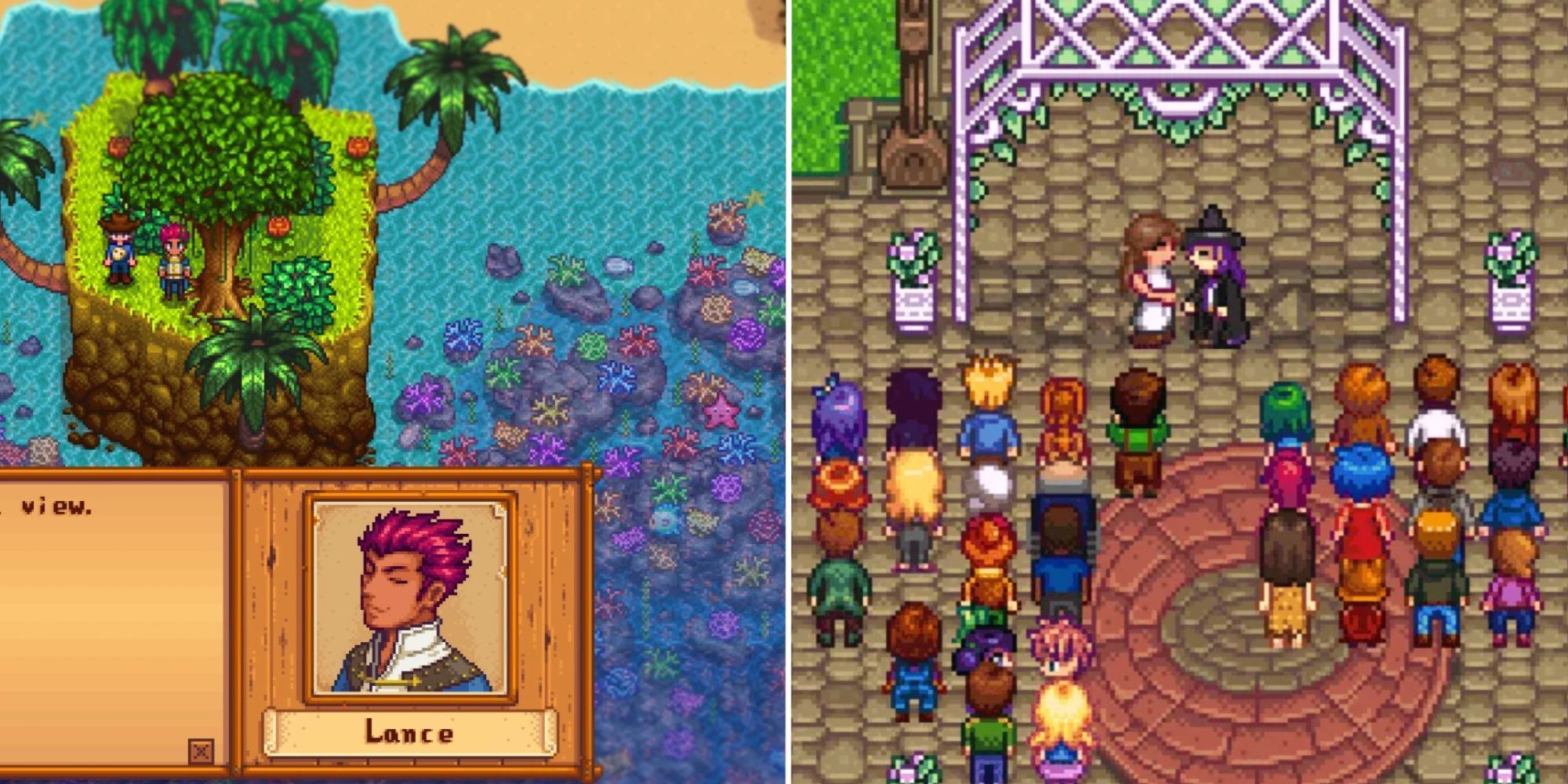 Stardew Valley modded character Lance, beside a farmer marrying the purple haired wizard Rasmodius
