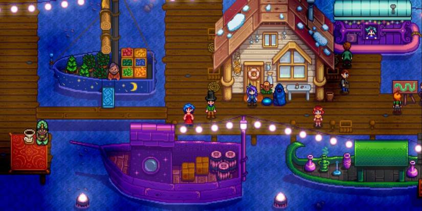 Stardew Valley The Night Market, colourful boats tethered around a dock with string lights and patrons