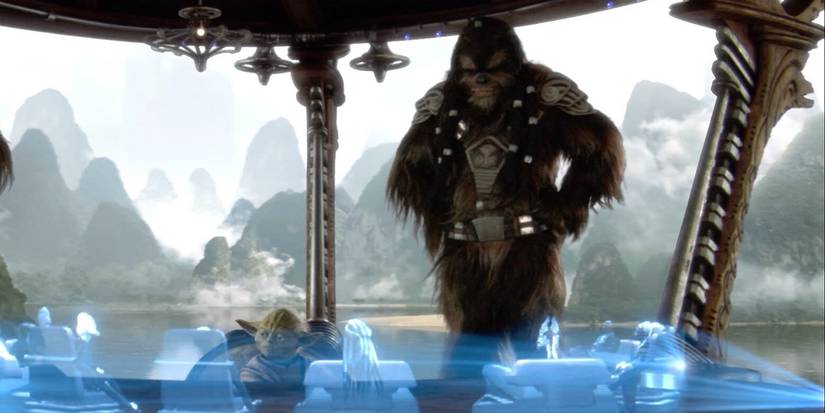 Tarfful with Yoda as he speaks to the Jedi Council