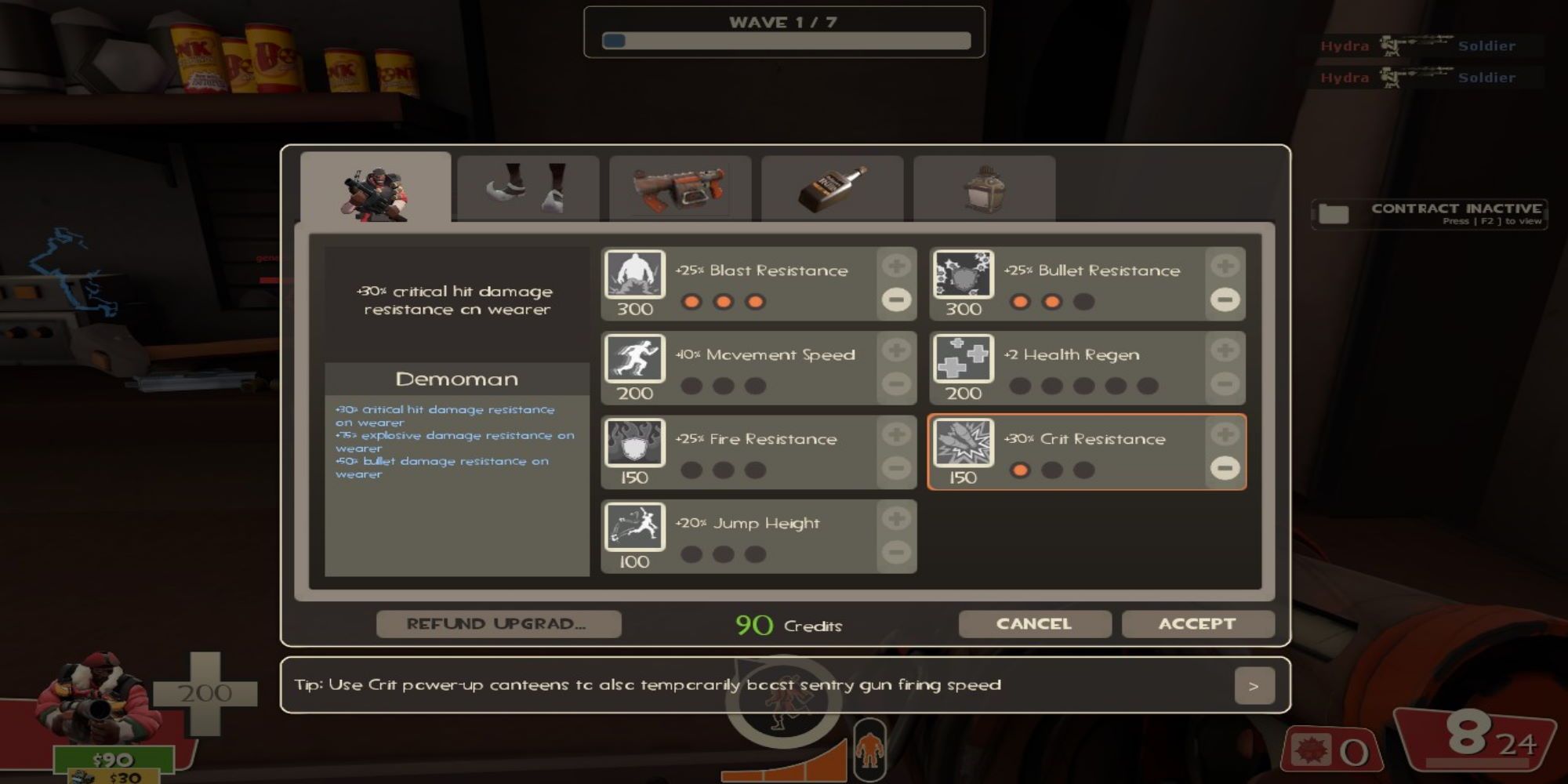 Demoman upgrading his blast/bullet/critical hit damage resistances on a menu in Team Fortress 2
