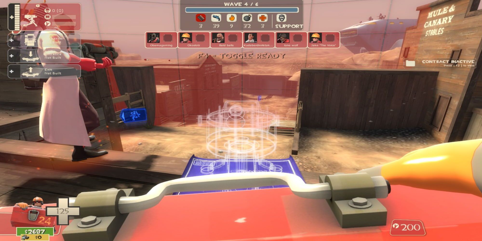 Engineer carrying a sentry with its blueprints signifying where it will be placed, and a red cone showing its range - a Medic is standing to the left, firing his gun in Team Fortress 2