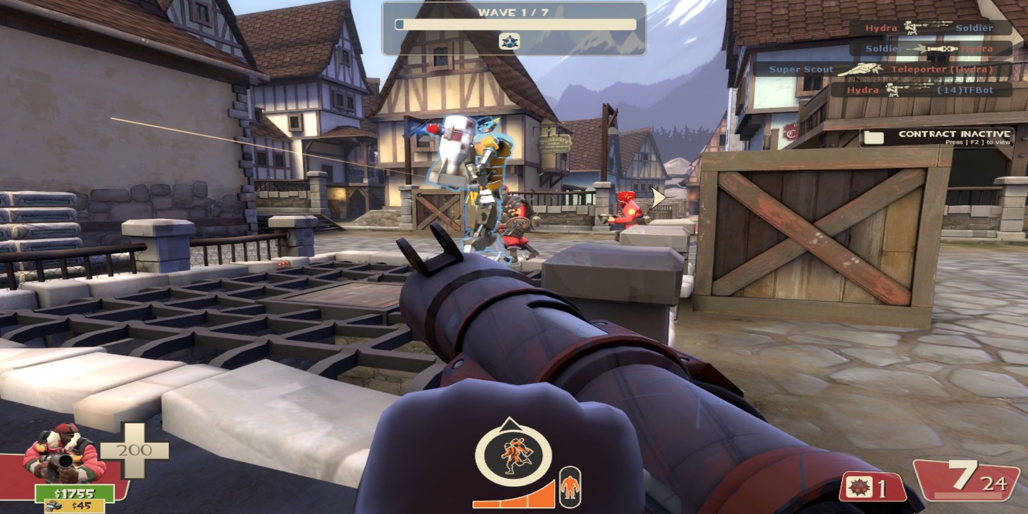 Demoman reloading a Stickybomb Launcher while allied players attack a giant robot carrying a bomb in Team Fortress 2