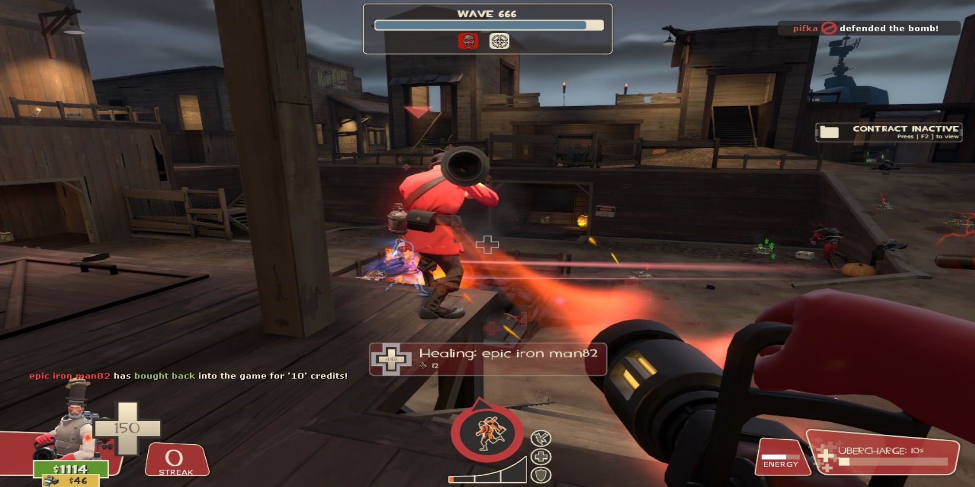 Medic healing a Soldier with a healing beam in a Halloween-themed fort in Team Fortress 2