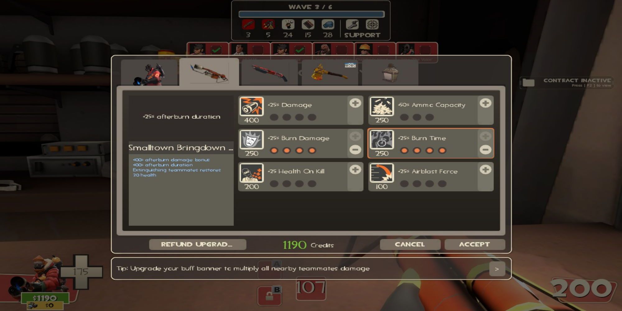 Pyro upgrading Burn Damage and Burn Time by 25% per filled circle on a menu in Team Fortress 2