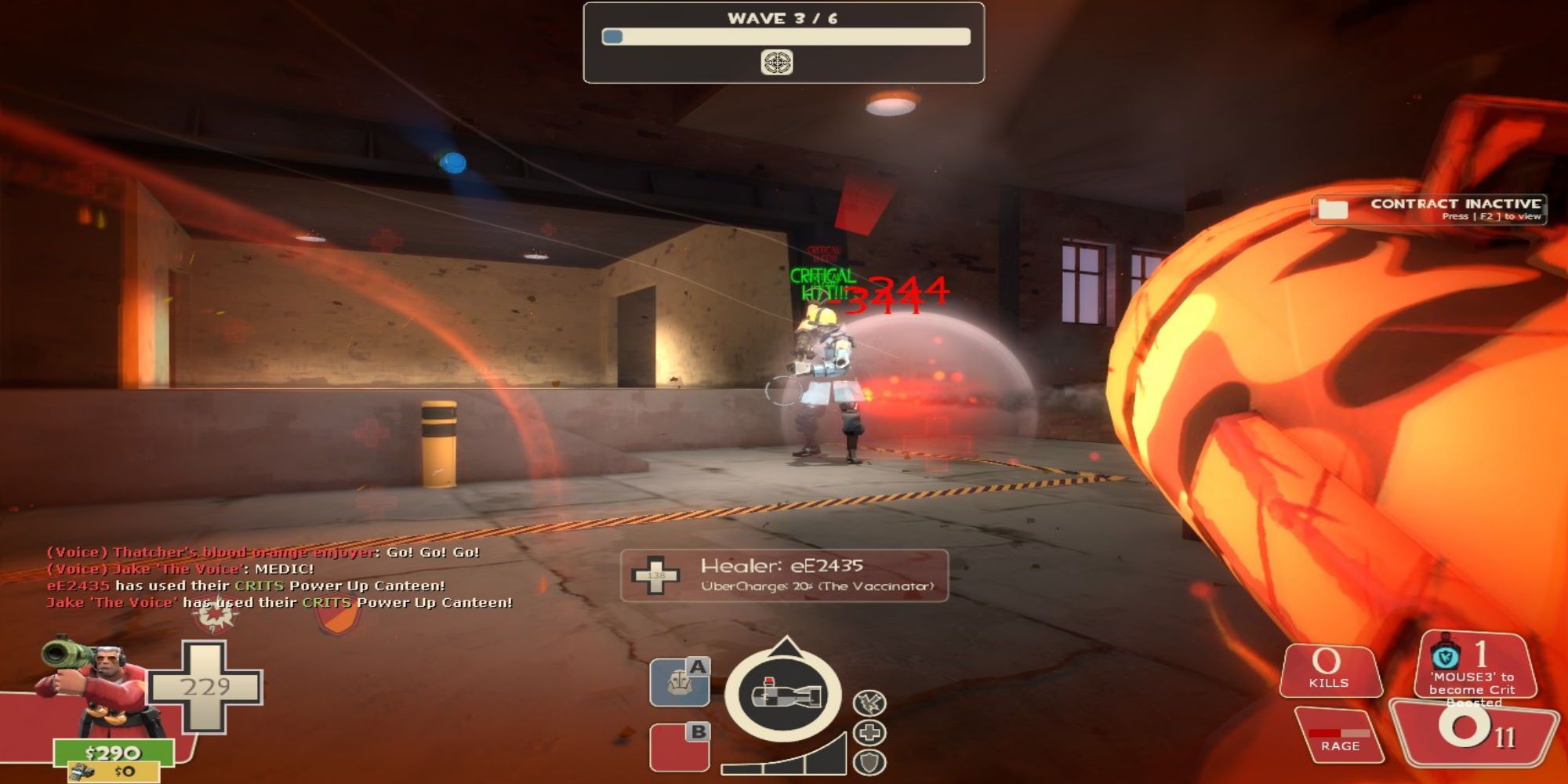 Soldier firing a glowing bazooka at a giant robot Soldier, while being healed, and causing a shockwave in Team Fortress 2