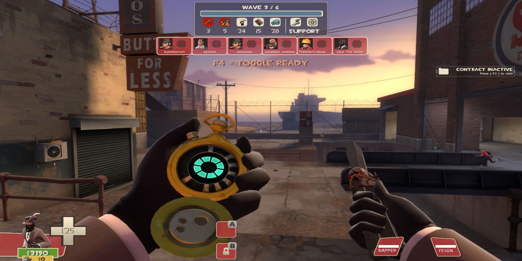 Spy holding a knife and a pocket watch in an urban location in Team Fortress 2