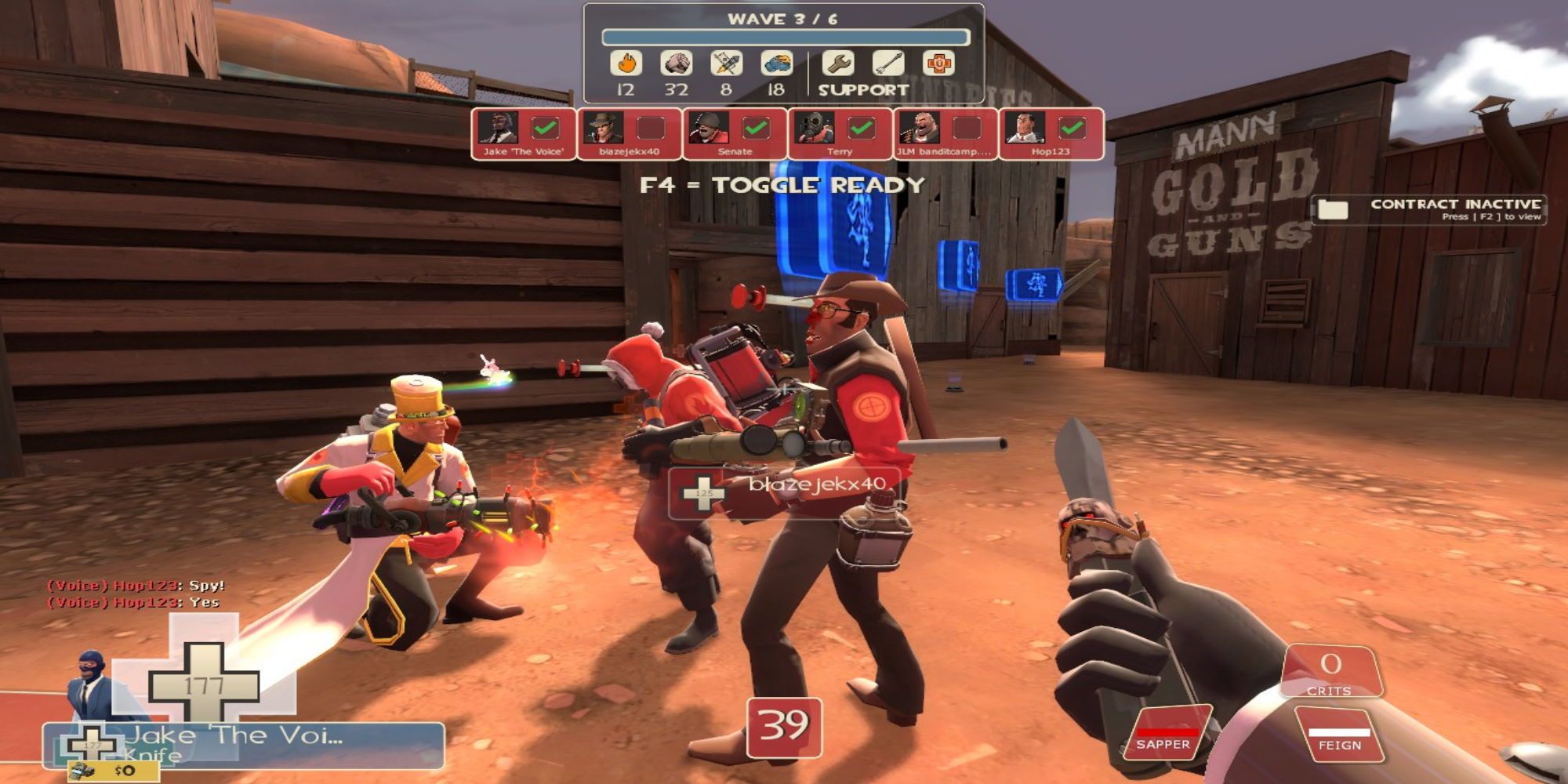 A Medic healing and looking at a Pyro and Sniper with healing darts in their faces while a Spy watches, knife-equipped in Team Fortress 2