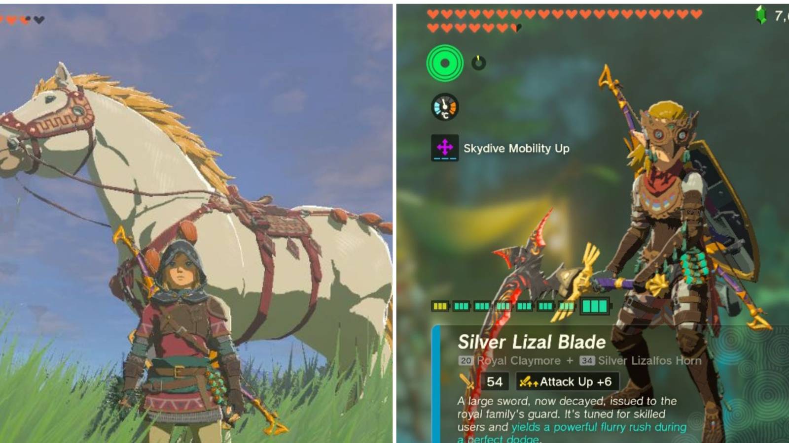 Tears Of The Kingdom - 7 Weapon Fusions For The Most Damage: Link beside a horse, spliced next to Link holding a silver lizal blade
