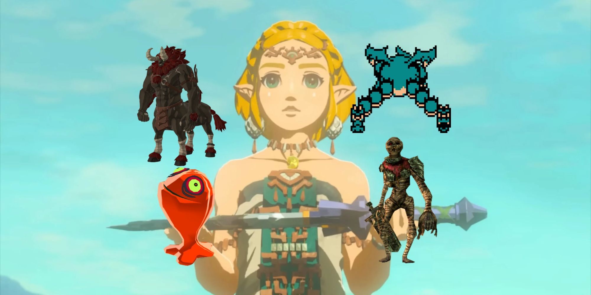 Tears of the Kingdom's Zelda surrounded by a Lynel, Chuchu, Gibdo and Gleeok