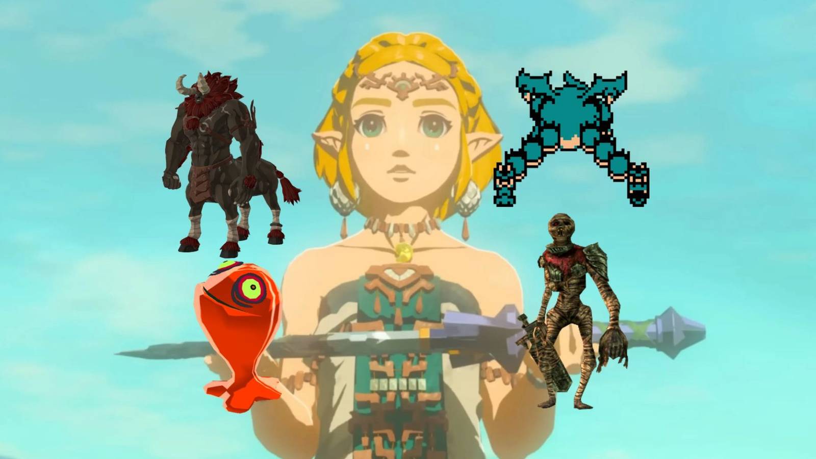 Tears of the Kingdom's Zelda surrounded by a Lynel, Chuchu, Gibdo and Gleeok