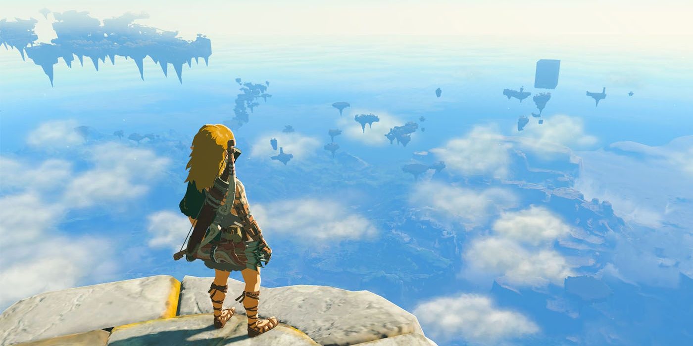 Link staring into the distance above other sky islands and the ground below in Tears of the Kingdom