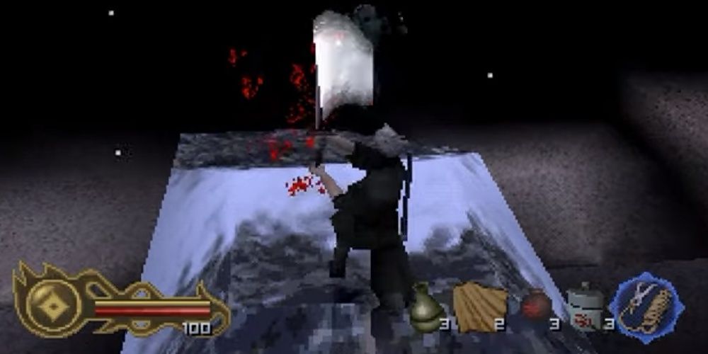 rikimaru from tenchu 2 killing an enemy on top of a snow bank