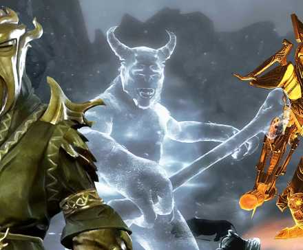 Miraak, Karstaag, and a Dwemer Centurion in Skyrim