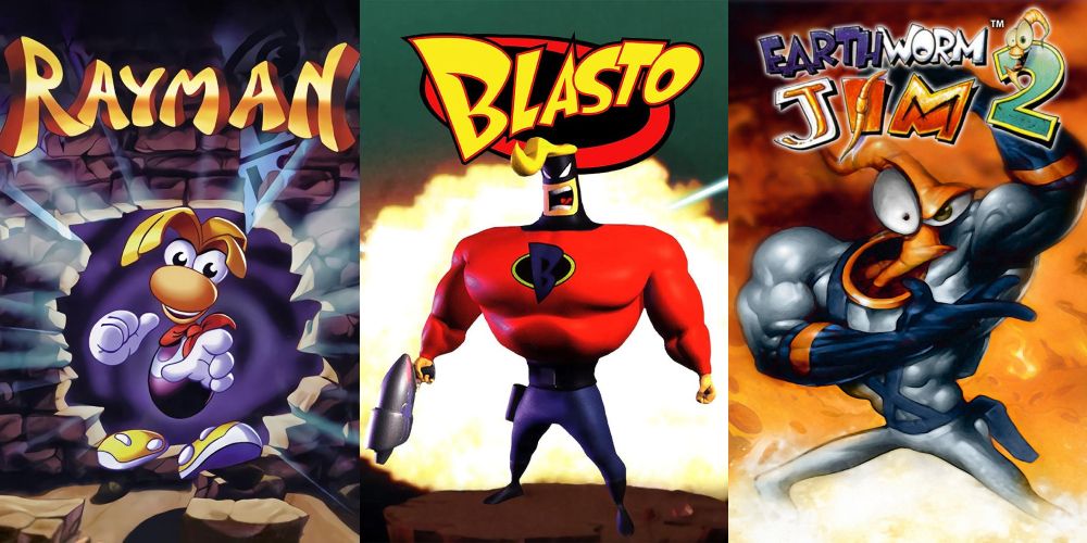 Split image of three games cover art: Rayman, Blasto and Earthworm Jim