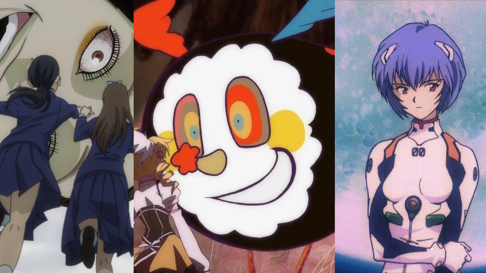 Solit image of three anime: Junji Ito's Tales of the Macabre, PMMM and Neon Genesis Evangelion. 