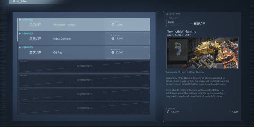 The arena menu in Armored Core 6 Fires of Rubicon