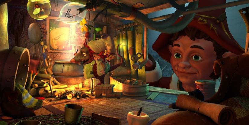 A gnome looking into a small room, where a mouse is cooking. image source: igdb.com